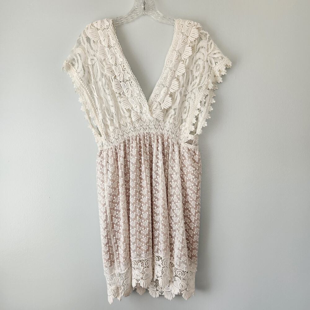 Champagne & Strawberry Anthropologie Crochet Dress Women's L Tan Whimsical Boho - Picture 4 of 15
